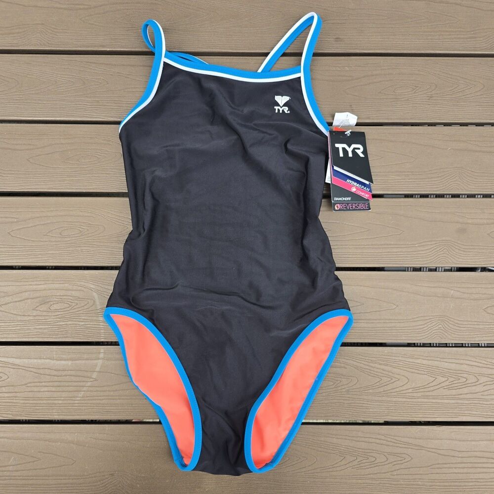 TYR Swimsuit Womens Black/coral/blue Hydra Span Reversible Diamond Fit Sz S New